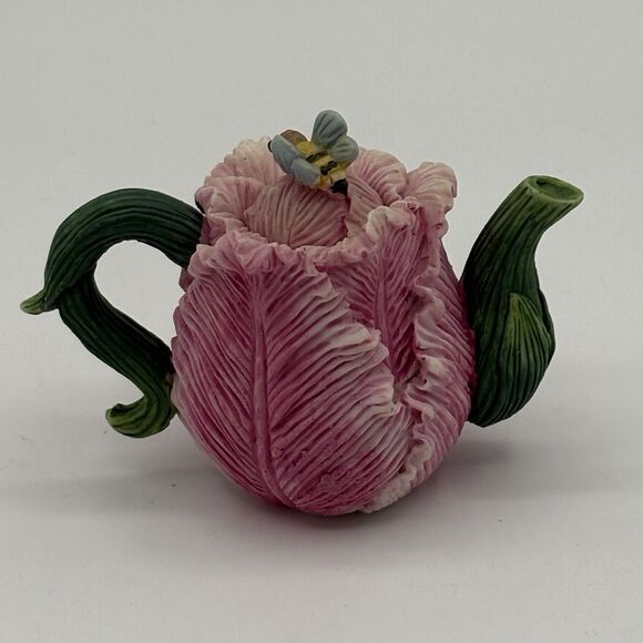 Vintage Miniature Pink Parrot Tulip Teapot With Bee 3D Lid  2” - Picture 2 of 8